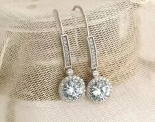 Stunning Hook Drop Dangle Earring Round Simulated Diamond 14k White Gold Plated