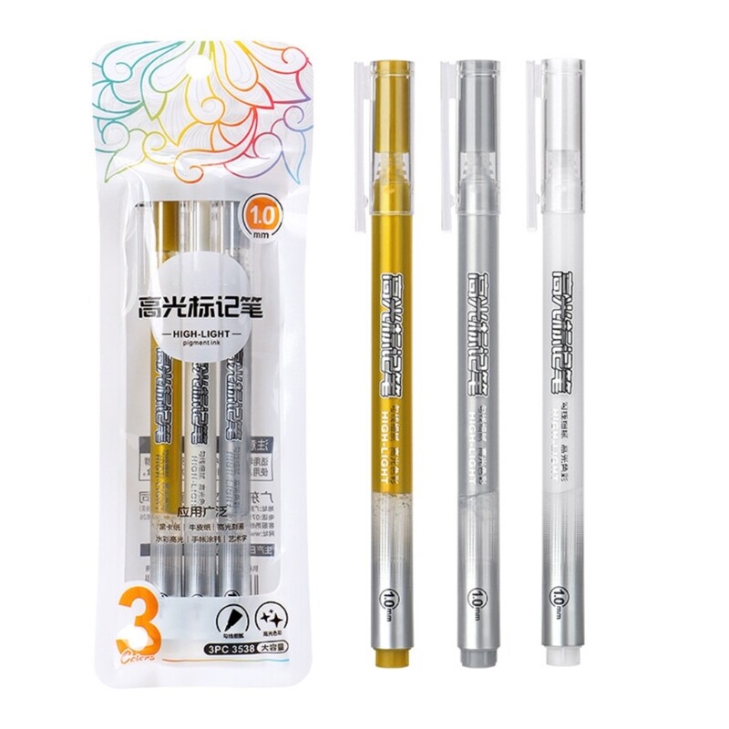 3Pcs Metallic Highlighter Pen Write Smoothly Gold Silver White
