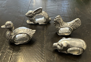 Vintage Set Of 4 Pewter Metal Napkin Rings Farm Animals Chicken Rabbit Pig, Duck