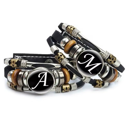 Leather Bracelet Letter T Alphabet Cabochon Adjustable Snap Bracelet Men Women - Picture 4 of 5