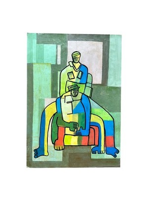 Vintage Beverley Peter Meyers Acryl Gemälde 2 Figuren Abstrakt Kubismus
