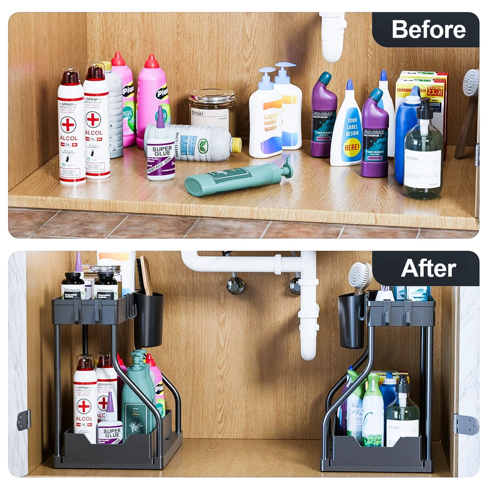 2 paquetes organizadores y almacenamiento debajo del fregadero de 2 niveles, organizador extraíble deslizable Foto 3 de 4