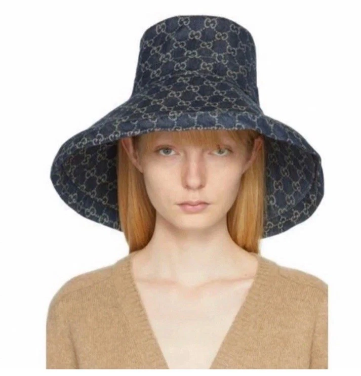 Gucci GG Denim Wide Brim Hat / Bucket Sun Hat Blue/Ivory, Size Medium - Image 4 of 4