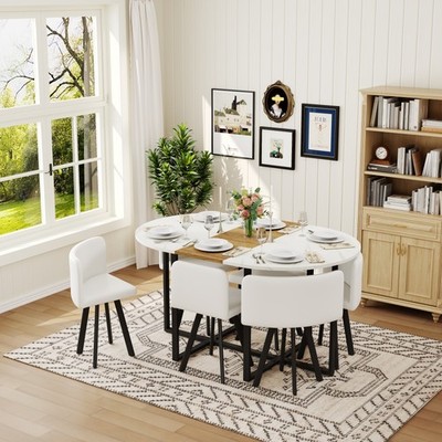 7-Pc Oval Dining Set with 6 White PU Chairs, Seats 6, Space-Saving
