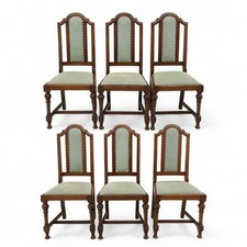 Set of 6 Early 20th Century Oak Upholstered Dining Chairs. Arched Panelled Back