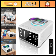 CD Player Alarm Clock Radio with Wireless Charging, Bluetooth Speaker, Dual Alar