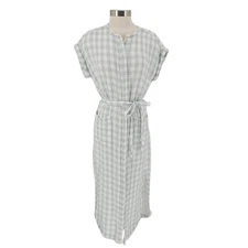 Lou & Grey Maxi Dress Green Gingham Short Sleeve Button Gauze Tie Belt Medium