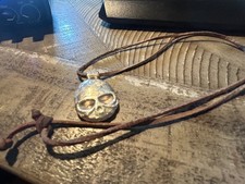 silver skull necklace men, leather barrel knot necklace