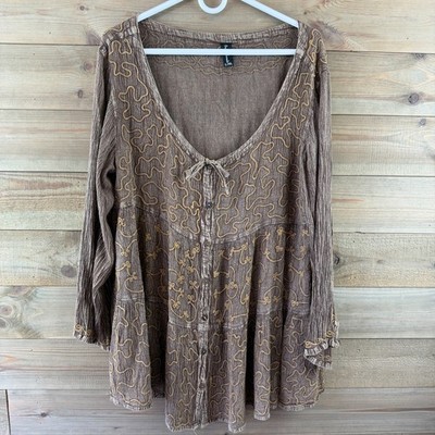 Sacred Threads Womens Shirt 3/4 Sleeve Button Up Embroidered Tie Scoop Neck L XL