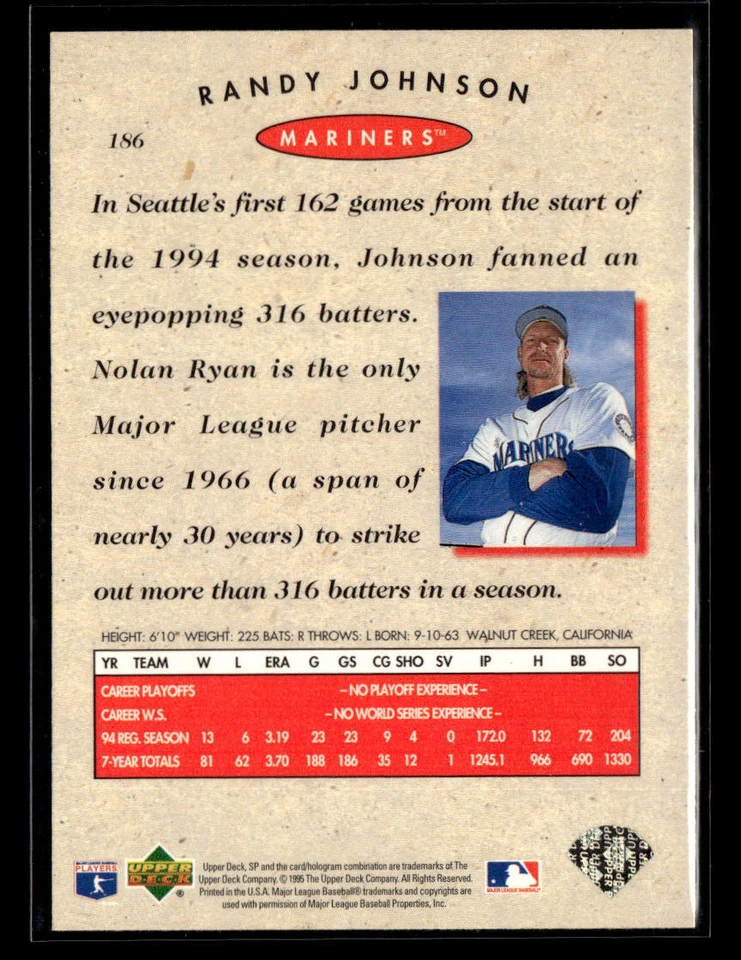 1995 SP Championship #186 Randy Johnson Card Seattle Mariners - Image 2 of 2