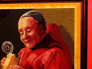 Happy Beer Drinking Monk Red Robe Stein ANTIQUE VINTAGE Handmade Needlepoint Art