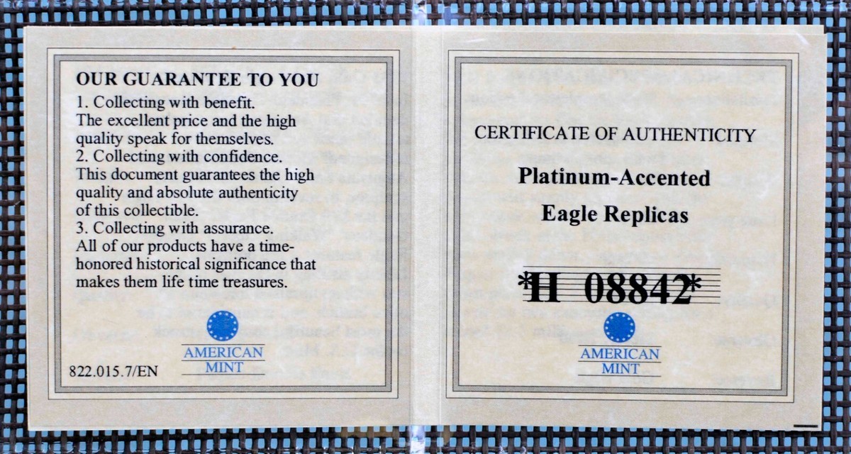 Platinum Accent Eagle Replica's, 1933 Saint Gaudens, 1861 Paquet