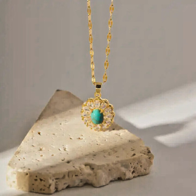 18K Gold Plated Oval Turquoise Pendant Necklace with Dazzling Cubic Zirconia