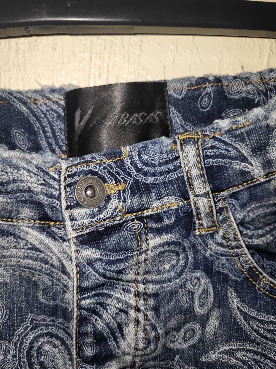 VALABASAS V39 Blue Denim Paisley Cargo Straps Jeans W32 L32