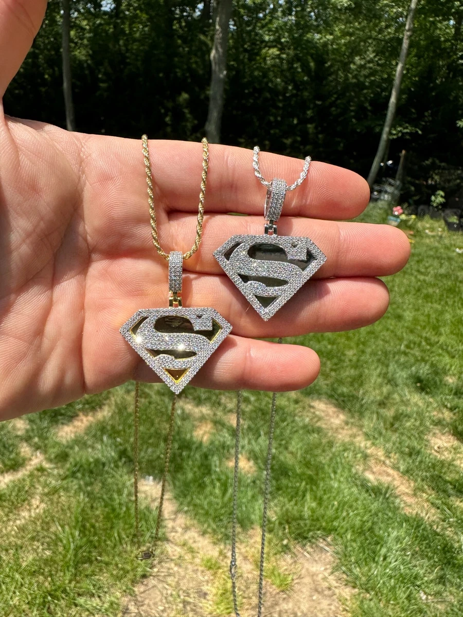 MOISSANITE Real 925 Silver Gold Plated Iced SUPERMAN Logo Out Pendant Necklace