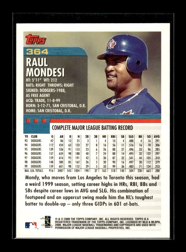 2000 Topps #364 Raul Mondesi (NM)(BAS) - Picture 2 of 2