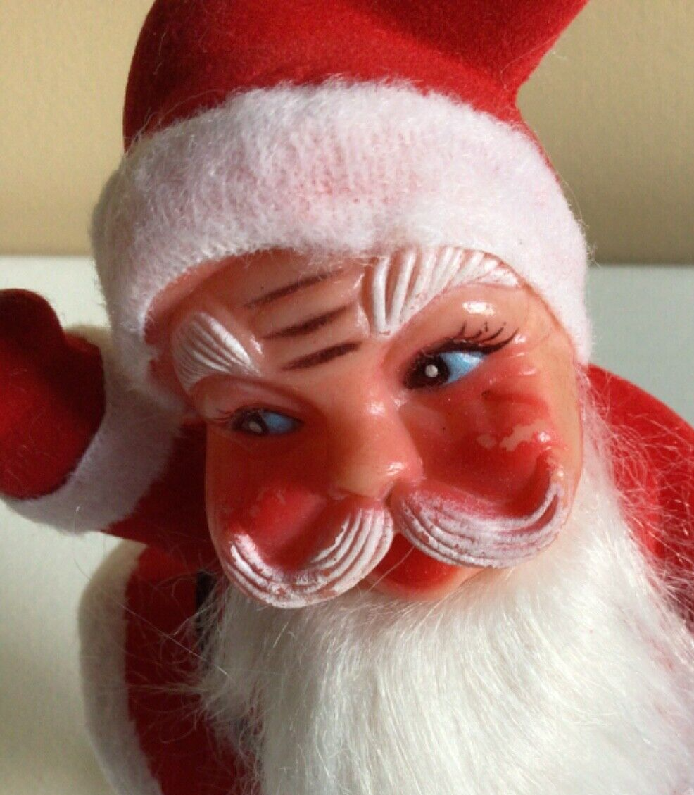 Vintage Flocked Waving Dancing Standing Santa Claus Christmas