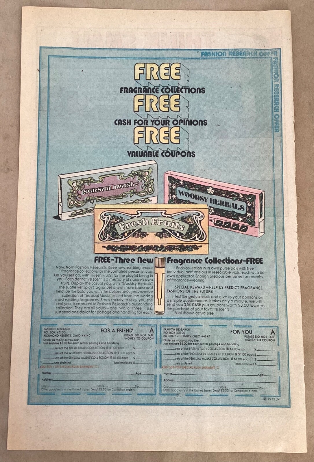 Fashion fragrance 1975 print ad comic art promo 1970s illus retro mail order set