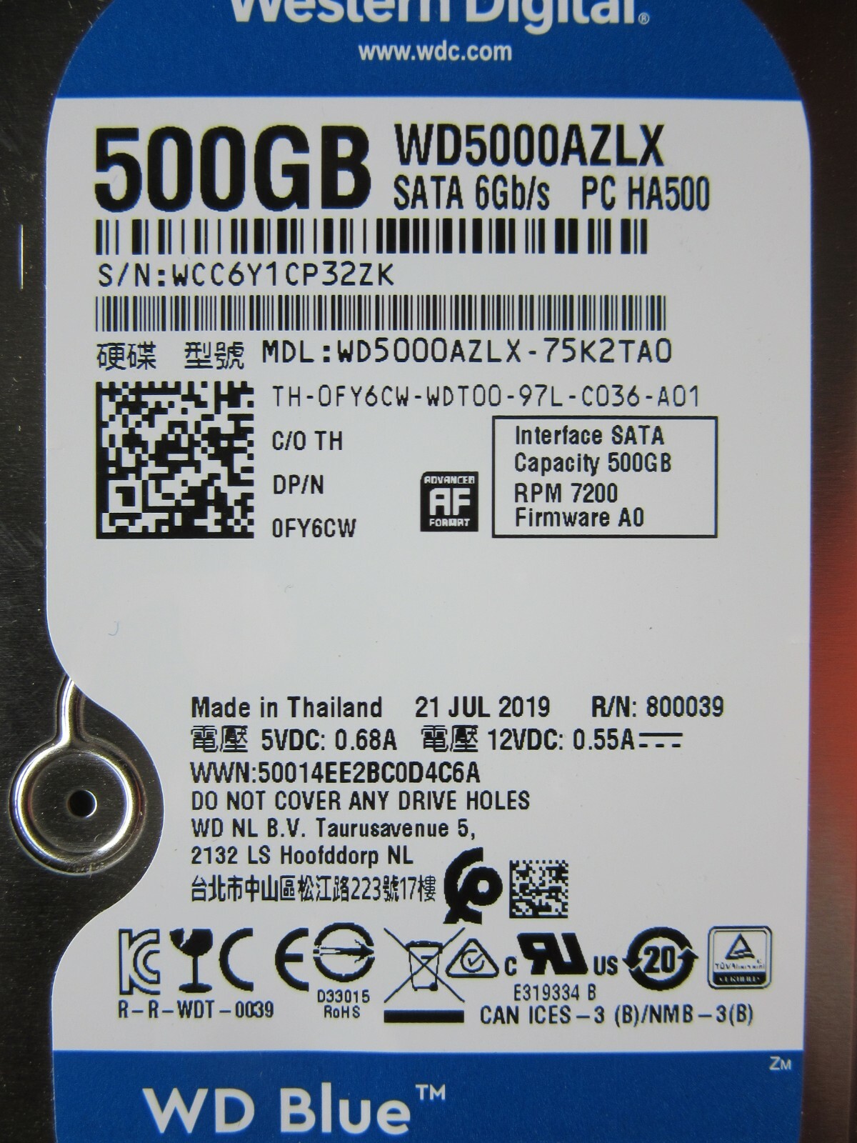 WD Western Digital WD5000AZLX-75K2TA0 Drive 500GB 3.5" HDD 2019 0FY6CW ...