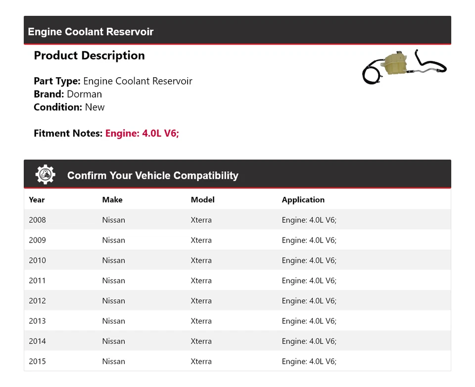 Depósito de refrigerante para motor Nissan Xterra 2008-2015 4,0 L V6 Dorman 2009 2010 Foto 2 de 4