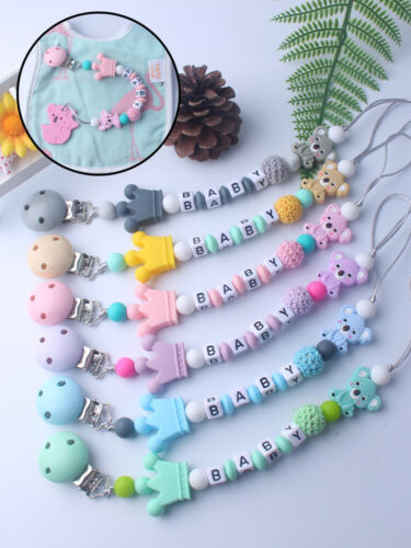 Dummy Clips Personalized Silicone Pacifier Holder Soother Chain Baby Shower Ⓗ - Picture 1 of 20