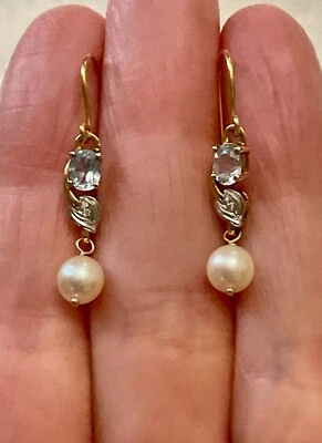 ANTIQUES BOUCLES D'OREILLES OR  JAUNE ET BLANC - DIAMANT TOPAZE ET PERLE AKOYA - Photo 1/4