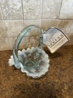 Fenton Art Glass Blue Opalescent Grapes and Leaves Mini Basket or Vase NWT