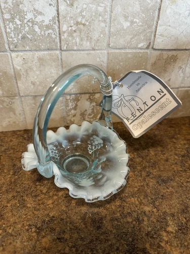 Fenton Art Glass Blue Opalescent Grapes and Leaves Mini Basket or Vase NWT