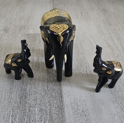 lot of 3 Elephants, Black And Gold Wooden Elephants 