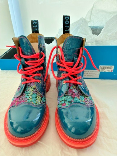 John Fluevog Derby Swirl size W8.5, 7th Heaven 6 eyelet boots; floral textile