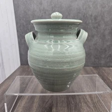Simon Pearce Belmont Crackle Celadon Stoneware Canister with Lid Handmade USA