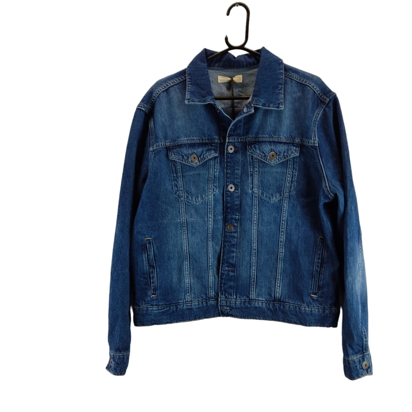 all saint mens hebden denim jacket mid wash blue collared button up size L