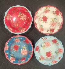 4 Pioneer Woman Cheerful Rose Toss Scalloped Edge Low Rim Red Bowls Gently Used