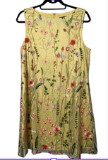Tahari Shift Dress Sz 10 Petite Yellow Floral Embroidered Sleeveless Bright