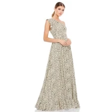 MAC DUGGAL Dress Size 2 Evening Gown NEW One Shoulder Cream Black Animal Print
