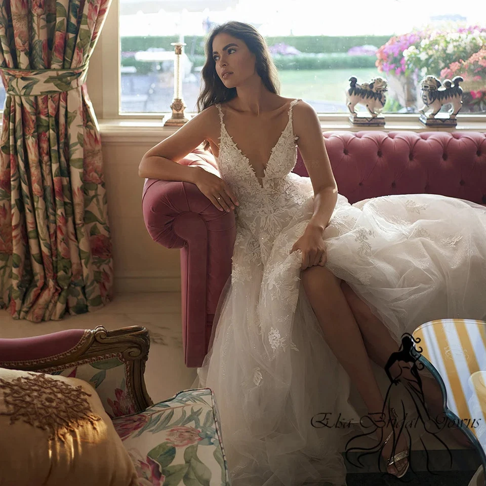 Сексуальный трапециевидный свадебные платья v-образным вырезом спагетти ремень кружева аппликации свадебные платья - Изображение 3 из 4