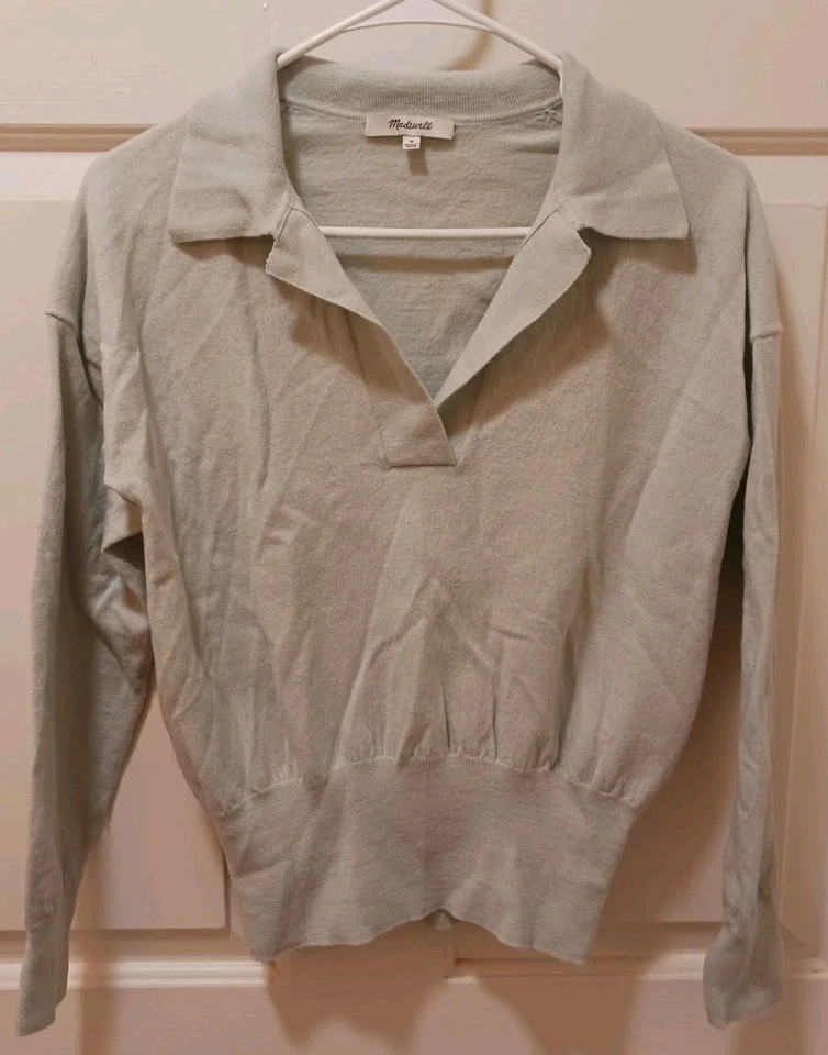 Madewell 100% 美利奴羊毛约翰尼领 Polo 毛衣完好绿色 M Preppy Chic — 第 2/4 张图片