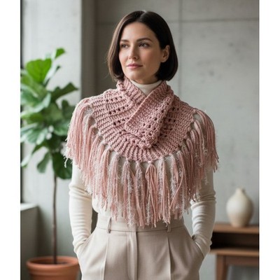 NEW Hand Knitted Cowl Scarf Pink Boho Cottage Whimsy Fairy Artsy Coquette Fringe