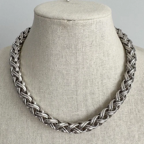 Vintage Monet Silver Tone Wheat Chain Chunky 18” Necklace Signed Costume Jewelry