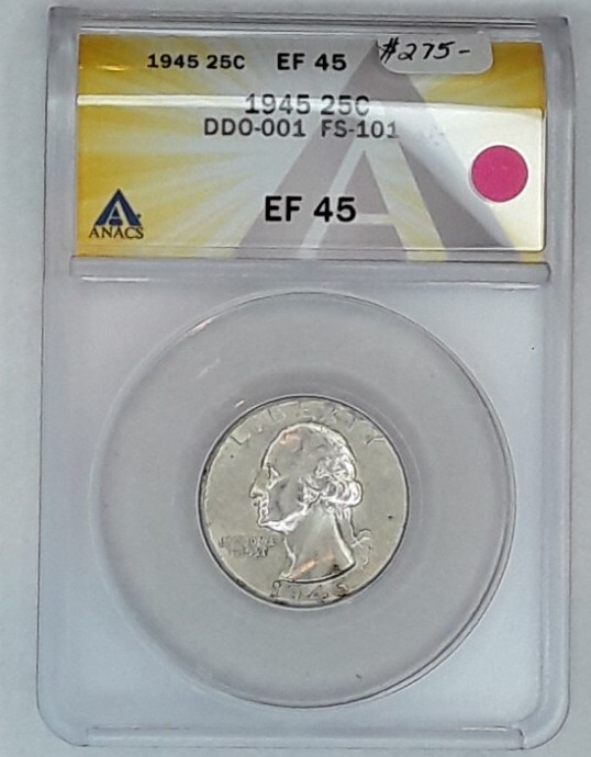 Fs 1945 WASHINGTON QUARTER, SILVER. ANACS CERTIFIED EF45, DDO