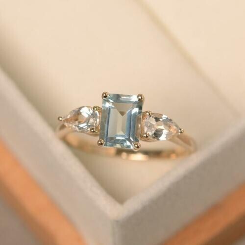 Ehering Smaragdschliff 3,00 ct natürlicher Aquamarin & Diamant 14 K Gelbgold 6 - Bild 1 von 6