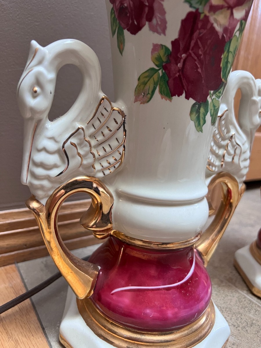VTG pair of 1940's Worrall Lamps w/Roses Swans Gilded Ceramic