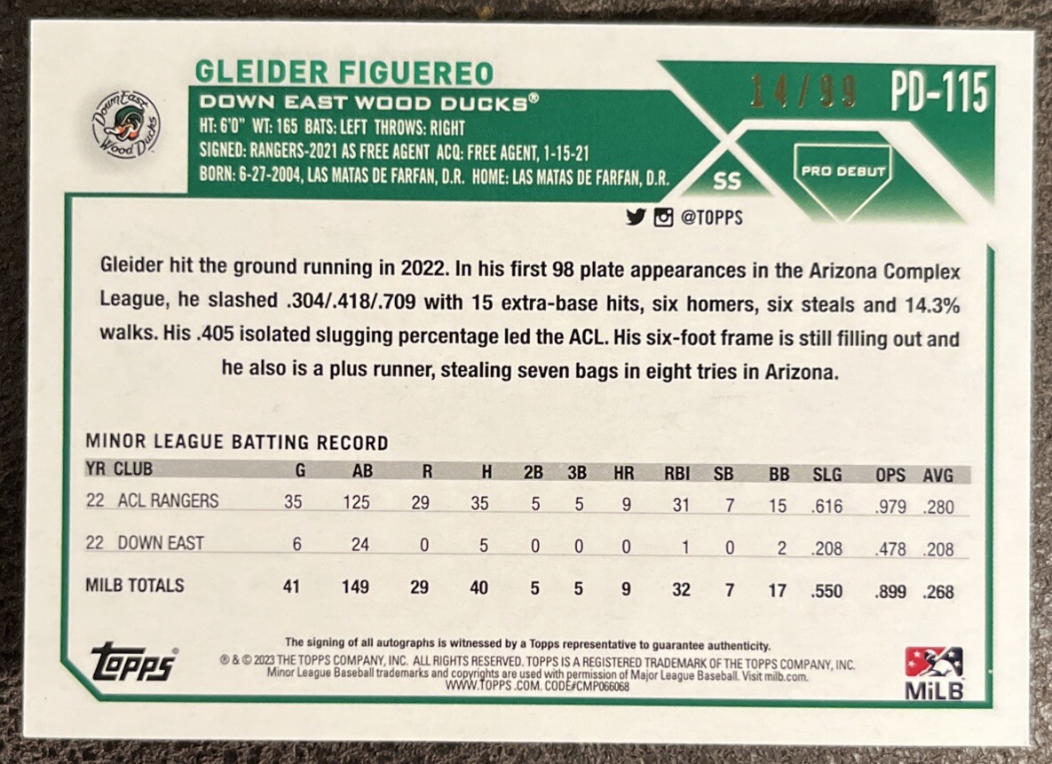2023 Topps Pro Debut Green Foil Auto /99 Gleider Figuereo #PD-115