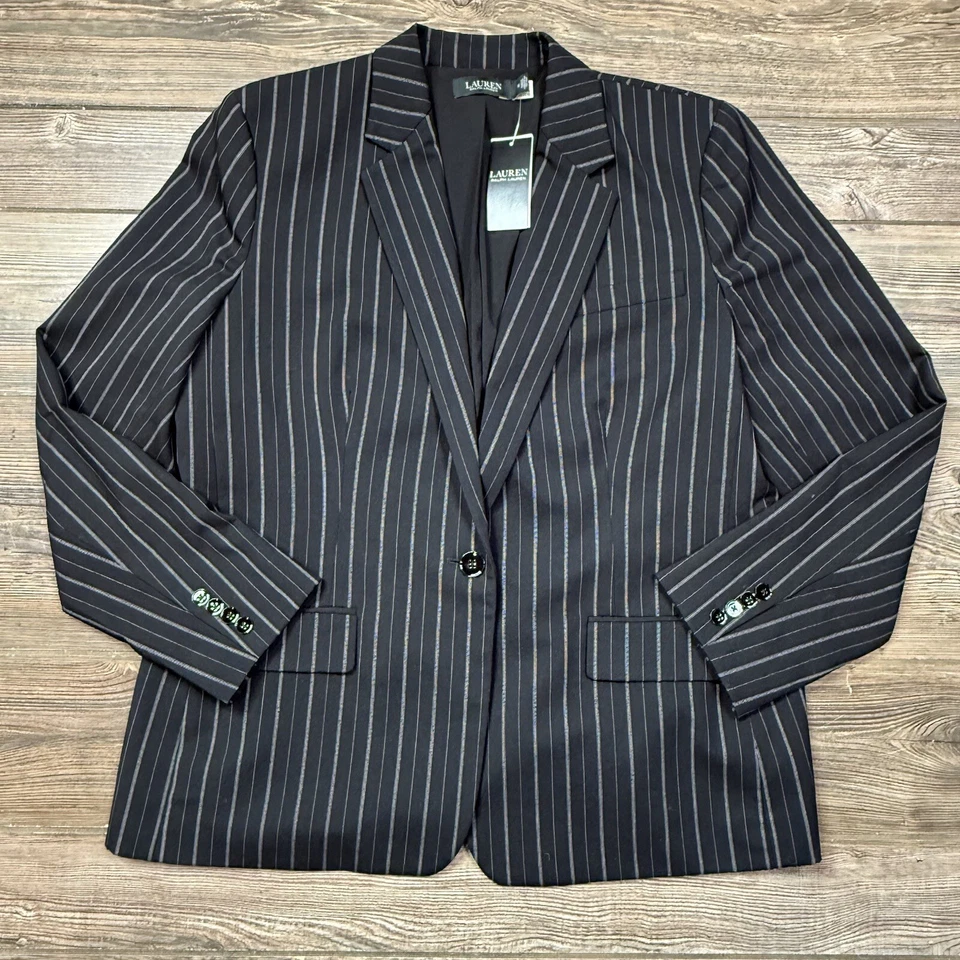 Blazer Ralph Lauren para mujer a rayas mezcla de lana crepé negro tostado talla 18 nuevo con etiquetas $325 Foto 2 de 4