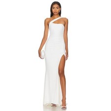 Revolve Nookie Alba Gown Asymmetrical One Shoulder Ruched Side Slit White XS