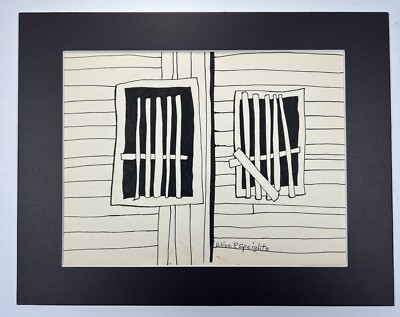 Vtg Architecture Drawing Old Shutters 11x14  Folk Art Ink Sketch Signed Matted