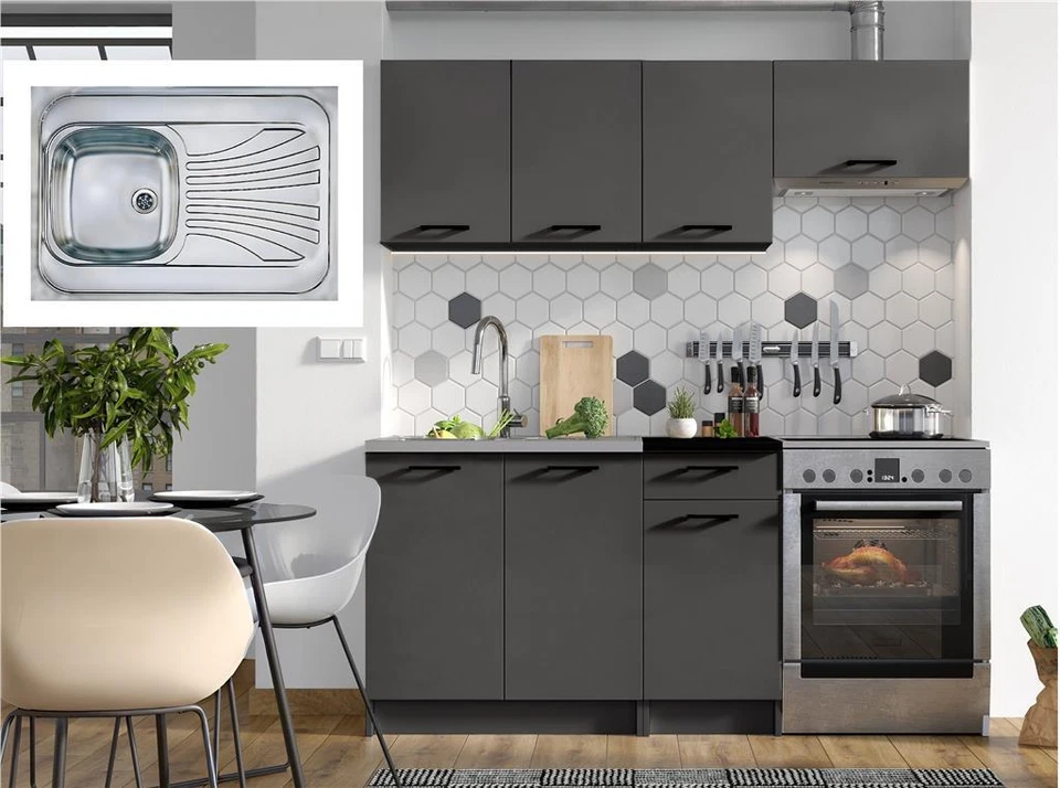Kitchen Cabinets 5 Unit Complete Kitchenette with Sink Black Grey 180cm Set Lina