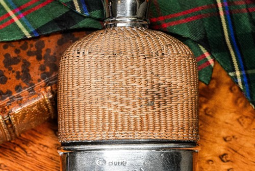 Woven Rattan Victorian Armorial Coat of Arms Hip Flask Antique Sterling Silver - Picture 8 of 13