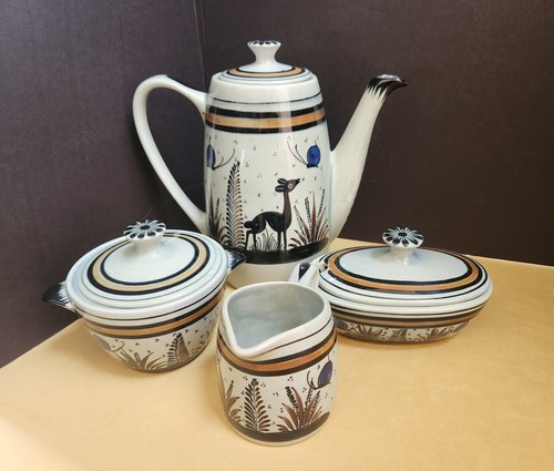 Mexican Pottery Ceramica Artistica Gomez Coffee Pot, Creamer, Sugar Bowl, Butter