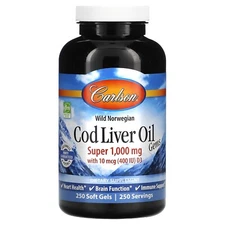Carlson Wild Norwegian, Cod Liver Oil Gems, 1,000 mg, 250 Soft Gels